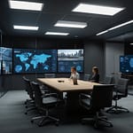 Metaverse Workplace environment showing team members collaborating in shared virtual space