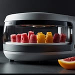 Molecular Food Printing device creating intricate food structure with multiple ingredient cartridges and precision nozzles