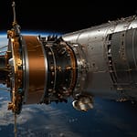 Spacecraft engine emitting blue plasma exhaust with visible electromagnetic containment field generating continuous thrust