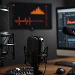 Podcast recording setup displaying professional microphone, acoustic treatment panels and digital audio workstation