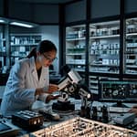 Microscopic view of programmable biological cell with engineered genetic circuits performing computational functions in laboratory setting