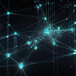 Quantum Blockchain visualization showing quantum-resistant network nodes with cryptographic protection layers