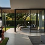 Smart home security system displaying integrated cameras, sensors and access control devices with smartphone monitoring