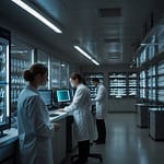 Synthetic Biology laboratory showing engineered microorganisms producing pharmaceutical compounds through modified metabolic pathways