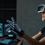 Virtual Reality headset creating immersive three-dimensional environment with interactive elements and realistic visual rendering