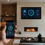 Smart home interface displaying connected device management with automation routines and energy monitoring