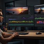 Video editing interface displaying professional post-production software with timeline, effects panel and color grading tools