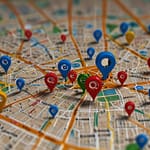 Local SEO dashboard showing geographic targeting and business listing optimization
