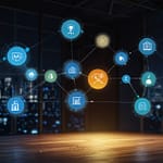 IoT devices network with sensors and wireless communication between connected systems