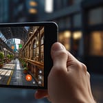 Smartphone displaying AR application with virtual objects overlaying real environment, showing interactive digital elements and immersive mixed reality experiences