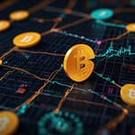 Modern cryptocurrency trading interface with decentralized exchange charts, blockchain network visualizations, and smart contract displays in a sleek digital environment