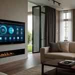 Modern smart home control center with unified automation platform managing lighting, security, climate, and entertainment systems through integrated interfaces