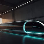 Futuristic hyperloop testing facility with vacuum tube transportation systems, magnetic levitation technology, and high-speed transit development displays