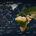 Professional data center with multiple screens displaying colorful predictive analytics dashboards, charts, and real-time data visualizations in a modern corporate environment