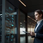 Modern smart building control center with facility management systems, energy optimization displays, and IoT integration monitoring