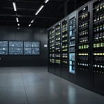 Modern smart grid control center with energy distribution monitoring, renewable integration displays, and power management systems