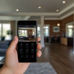 Modern smart home exterior with discreet security cameras, smart doorbell, and sensor devices integrated seamlessly into contemporary architecture with soft evening lighting