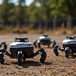 Advanced robotics facility with multiple small robots working together in coordinated swarms, displaying collective intelligence and synchronized movements