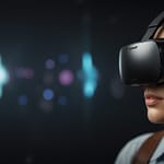 Futuristic VR gaming setup with person wearing advanced headset surrounded by holographic interfaces and immersive digital environments in a high-tech room