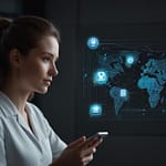 Modern office environment with holographic AI interface displaying natural language conversation flows and neural network visualizations in blue and white tones