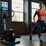 Modern smart gym with connected fitness equipment, health monitoring displays, and integrated workout technology systems