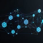 Modern decentralized storage facility with distributed data systems, blockchain storage networks, and peer-to-peer technology infrastructure