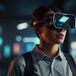 Futuristic immersive technology center with VR/AR experiences, spatial computing interfaces, and mixed reality demonstrations