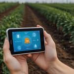Modern smart farm with IoT sensors, agricultural monitoring systems, and connected farming technology across crop fields