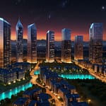 Futuristic metaverse property showcase with virtual real estate displays, digital land ownership interfaces, and blockchain asset management