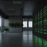 Eco-friendly data center facility with renewable energy systems, green computing infrastructure, and sustainable technology operations