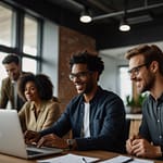 Modern virtual collaboration workspace with remote teamwork interfaces, digital productivity tools, and distributed team coordination systems